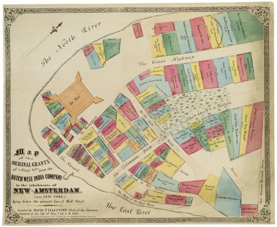 1857年のウォール街の現在の境界線の下に横たわるオランダ西インド会社からニューアムステルダム（現在はニューヨーク）の住民に対する村の区画の最初の許可の地図 作： George Hayward