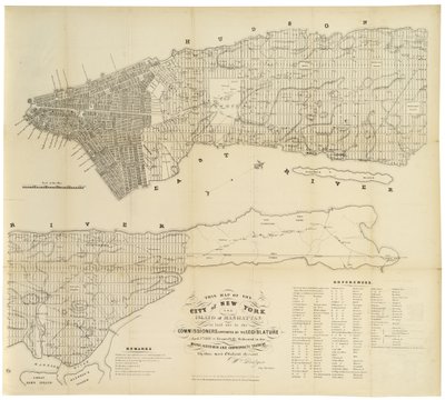 議会が任命したコミッショナーによってレイアウトされたニューヨーク市とマンハッタン島のこの地図。 。 。、1853（紙に黒インク） 作： George Hayward