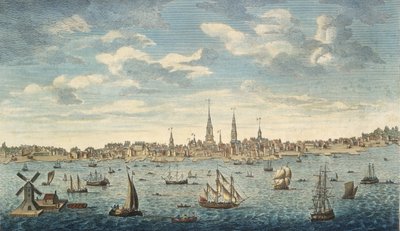 ペンシルベニア州、北アメリカのフィラデルフィア市の東からの展望：ジャージーショアのパブから撮影。ロンドン、1774年（手描きの彫刻） 作： George Heap