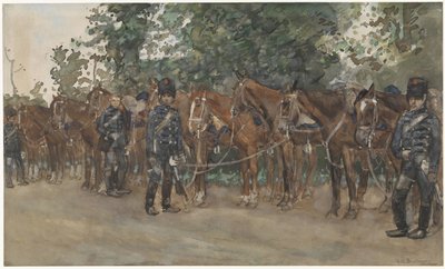道路脇で馬の隣に立っている軽騎兵 作： George Hendrik Breitner