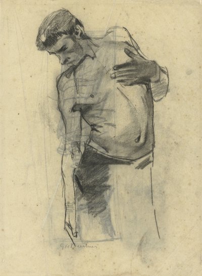 下を向いて立っている半裸の男性のモデル研究 作： George Hendrik Breitner