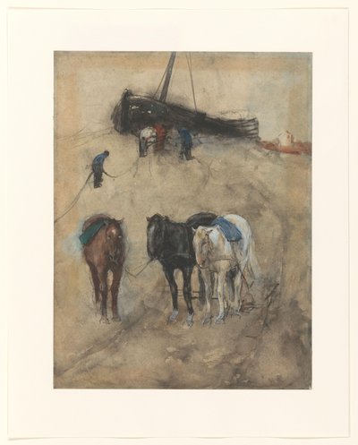 浜辺の馬、背景にははしけと漁師 作： George Hendrik Breitner