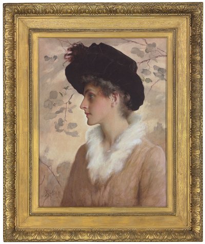 女性の肖像、半身、黒の帽子と毛皮のストールを身に着けた、1888 作： George Henry Boughton