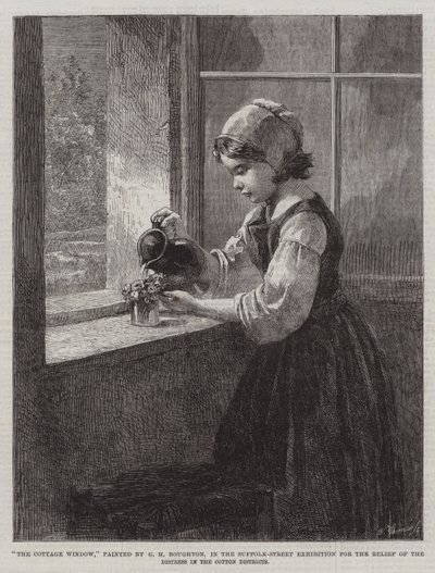 コットン地区の苦痛救済のためのサフォーク通り展示会のコテージウィンドウ 作： George Henry Boughton