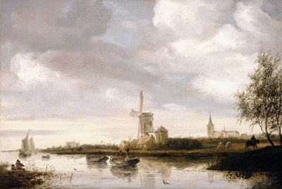 はしけやヨットのある川の風景とその向こうにある教会 作： George Henry Clements