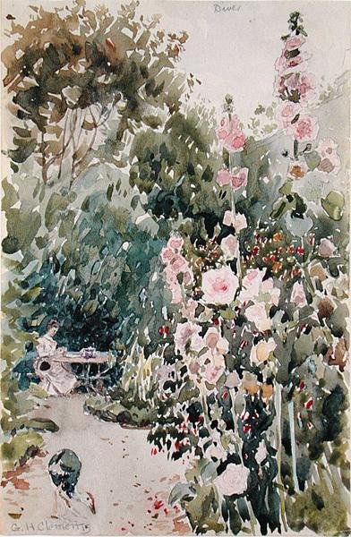 ホリーホック・ガーデンでのお茶、ダイブ、1890年頃（水彩・鉛筆・紙） 作： George Henry Clements