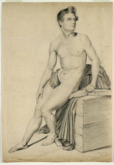 無題-1842年にリトグラフからコピーされた男性のヌード（バフウーヴ紙にグラファイト） 作： George Henry Hall