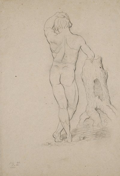 無題-男性のヌード、後姿、1846年（茶色の織りの紙に木炭） 作： George Henry Hall