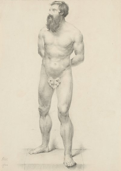 無題-イチジクの葉を持つ立っている男性のヌード、1844年（バフ織り紙に黒鉛） 作： George Henry Hall
