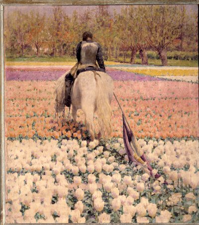 Defeated 負けてチューリップ畑を横切るショットライダー。ジョージ・ヒッチコック（1850-1913）による絵画（ec.am.） 1898 Sun.1x0.9 m パリ、オルセー美術館 - 敗戦後、チューリップ畑を横切る落胆した騎手。ジョージ・ヒッチコック（1850-1913）の絵画（A 作： George Hitchcock