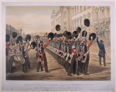 E.ウォーカーによって刻まれた、1854年3月2日の戦争の席への出発の朝のバッキンガム宮殿でのスコットランド民兵衛兵のパレード（コルナギウント社発行、1854年） 作： George Housman Thomas