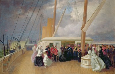 ビクトリア女王、1867年7月17日、ロイヤルヨットに乗ってガーター騎士団と一緒にスルタンに投資 作： George Housman Thomas