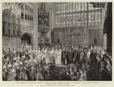 TRHの結婚1863年3月10日、ウィンザー城のセントジョージチャペルにあるデンマークのウェールズ王子とアレクサンドラ王女 作： George Housman Thomas
