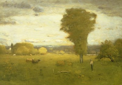 太陽に照らされた牧草地 作： George Inness