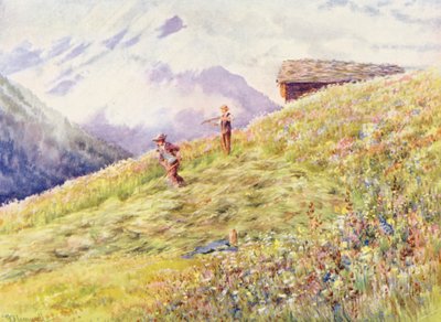 7月中旬のシャンペックスでのヘイメイキング（カラーリトグラフ） 作： George Jackson Flemwell