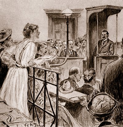 ハーバード・グラッドストーン氏に質問するクリスタベル・パンクハースト嬢、1909年（デッサン） 作： George Kingston Jones