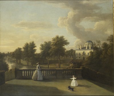 湖のあるカスケードの上のバルコニーからChiswick Villaを見る 作： George Lambert