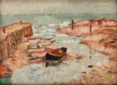 浜辺のボート、ローワー ラルゴ (パネルに油彩) 作： George Leslie Hunter
