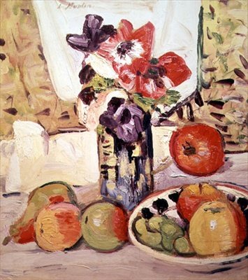 アネモネとりんごの静物画（油彩・キャンバス） 作： George Leslie Hunter