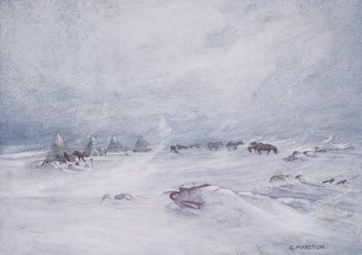 アーネスト・シャックルトン卿（1874-1922）の著書「Nimrod in the Antarctic 1907-09」に掲載されたイラスト「A Blizzard on the Barrier」。 作： George Marston
