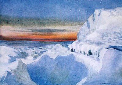 アーネスト・シャックルトン卿（1874-1922）の「Nimrod in the Antarctic 1907-09」からの挿絵「南極での太陽の復活 作： George Marston