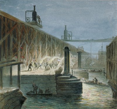 1865 年、ロンドンのサリー海岸からブラックフライアーズ橋で解体作業が行われている 作： George Maund