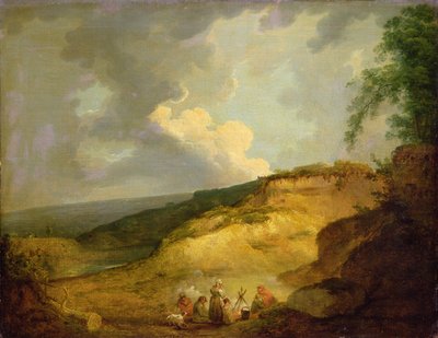 手前にジプシーの野営地がある広大な山地の風景（油彩・キャンバス 作： George Morland