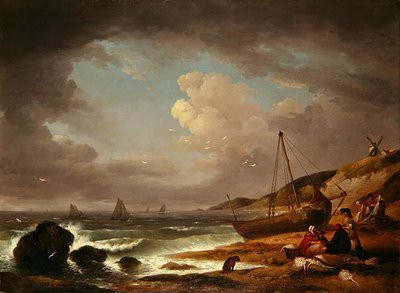 舟を修理する男たちのいる海岸の風景（油彩・キャンバス） 作： George Morland