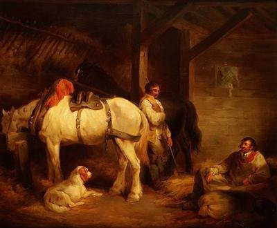 安定したインテリアの中の労働者と馬たち 作： George Morland