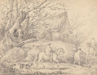 コテージのある風景と馬に乗った人物 作： George Morland
