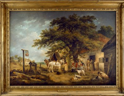 旅館の入り口に人物がいる風景（キャンバスに油彩） 作： George Morland