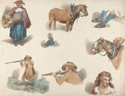 5点セット：八習：バスケットを持つ女性、まばたきカートの馬など 作： George Morland