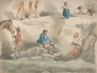 5点セット：女の子の習作、フープで遊ぶもの、ベリーを摘むもの、男と馬など 作： George Morland