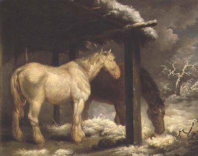 冬の嵐の中、茅葺きのシェルターのそばにいるシャイアの馬たち 作： George Morland