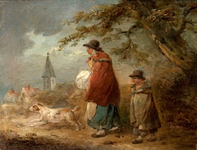 道路上の女性、子供、犬 作： George Morland