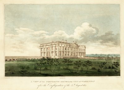 1814年8月24日の大爆破後のワシントン市の大統領官邸の眺め、パブ。 1814 作： George Moutard Woodward