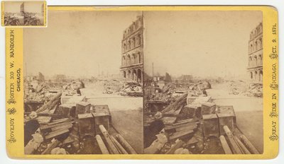 1871年、1871年のシカゴ火災後のディアボーンストリートの廃墟から取った金庫の立体写真（カードマウントのbw写真） 作： George N. Barnard