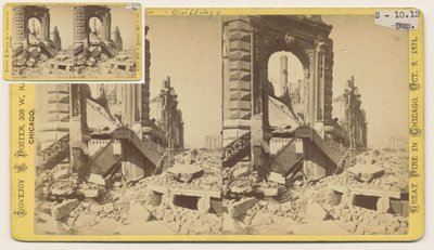 1871年、1871年のシカゴ火災後のモンローストリートとラサールストリートの北西の角にあるブライアンブロックの立体写真（カードマウントのbw写真） 作： George N. Barnard