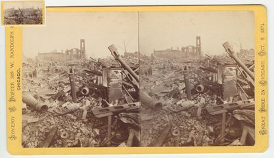 1871年、1871年のシカゴ火災後のマンモスストアオブフィールド＆レイターの遺跡の立体写真（カードマウントのbw写真） 作： George N. Barnard