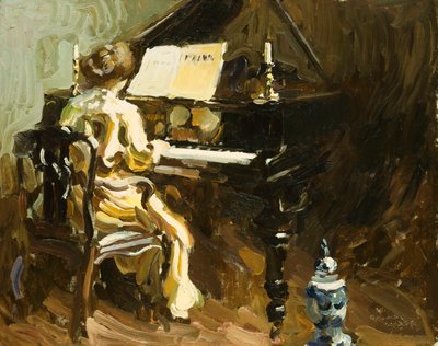 ピアノを弾く女性（帆布に油彩） 作： George Oberteuffer
