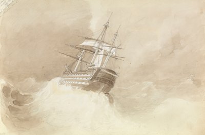 マルタ沖の北東の強風で舵頭を失ったHMS「トラファルガー号 作： George Pechell Mends