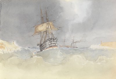 強風で舵を失い、マルタ港に入港するHMS「トラファルガー」（1852年2月9日 作： George Pechell Mends