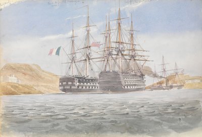トラファルガー」とともに「ファイアブランド」の曳航でポートマホンを離れる「シャルルマーニュ号 作： George Pechell Mends