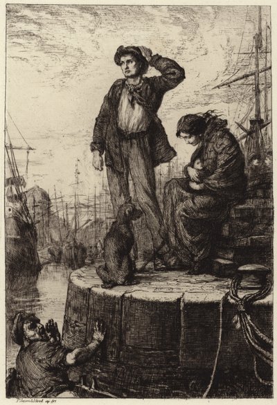 ドックで待っている若い移民家族 作： George Percy Jacomb Hood