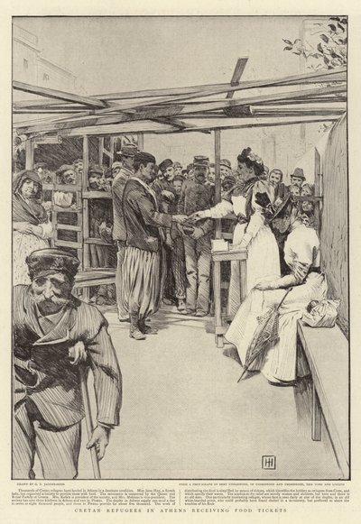 フードチケットを受け取るアテネのクレタ難民 作： George Percy Jacomb Hood