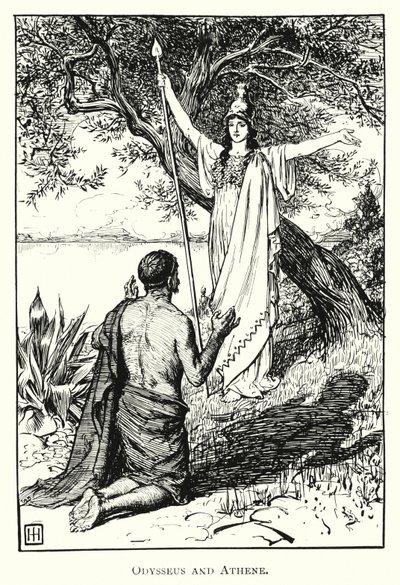 オデッセイオデュッセウスとアテネ（エングレービング 作： George Percy Jacomb Hood