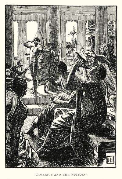 オデッセイオデュッセウスと求婚者たち」（エングレーヴィング 作： George Percy Jacomb Hood