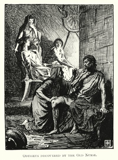 オデッセイ老婆に発見されたオデュッセウス（版画 作： George Percy Jacomb Hood