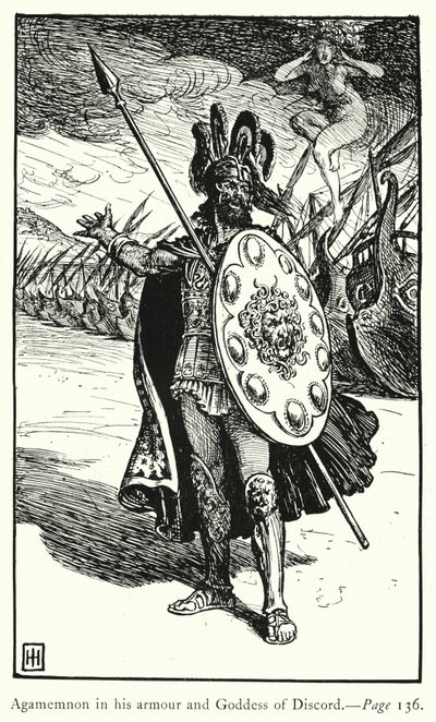 イリアス』。鎧を着たアガメムノンと不協和音の女神（エングレービング 作： George Percy Jacomb Hood