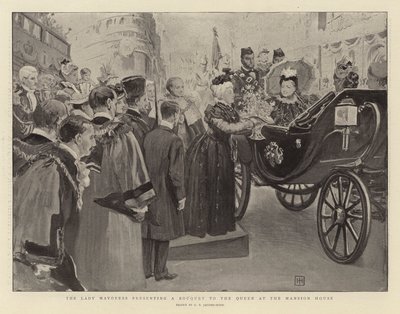 邸宅で女王に花束を贈る市長夫人 作： George Percy Jacomb Hood